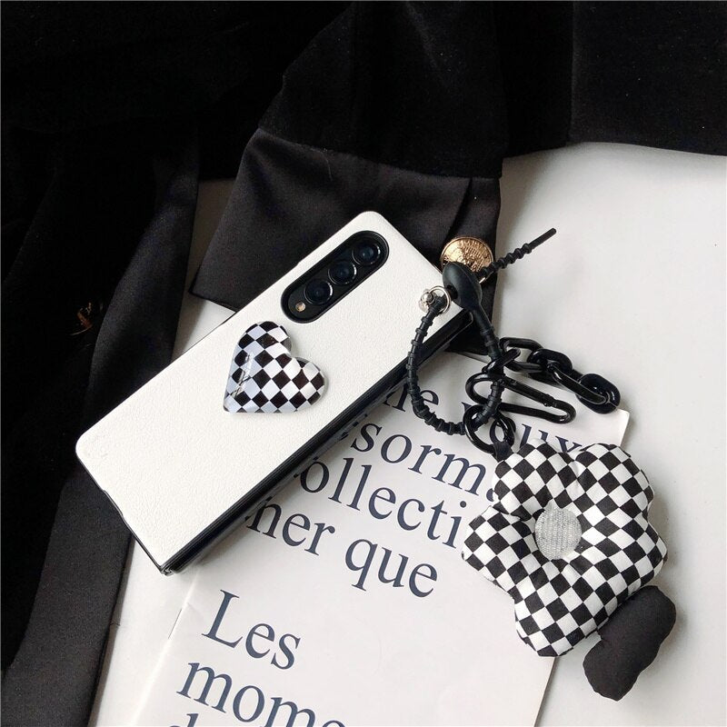 Retro Checkerboard Pattern Crystal Clear Heart PU Leather Phone Case For Samsung Galaxy Z Fold 4