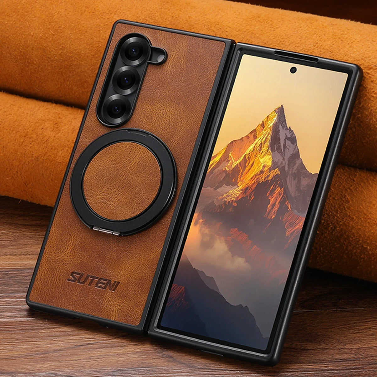 Magnetic Leather Ring Case with Stand