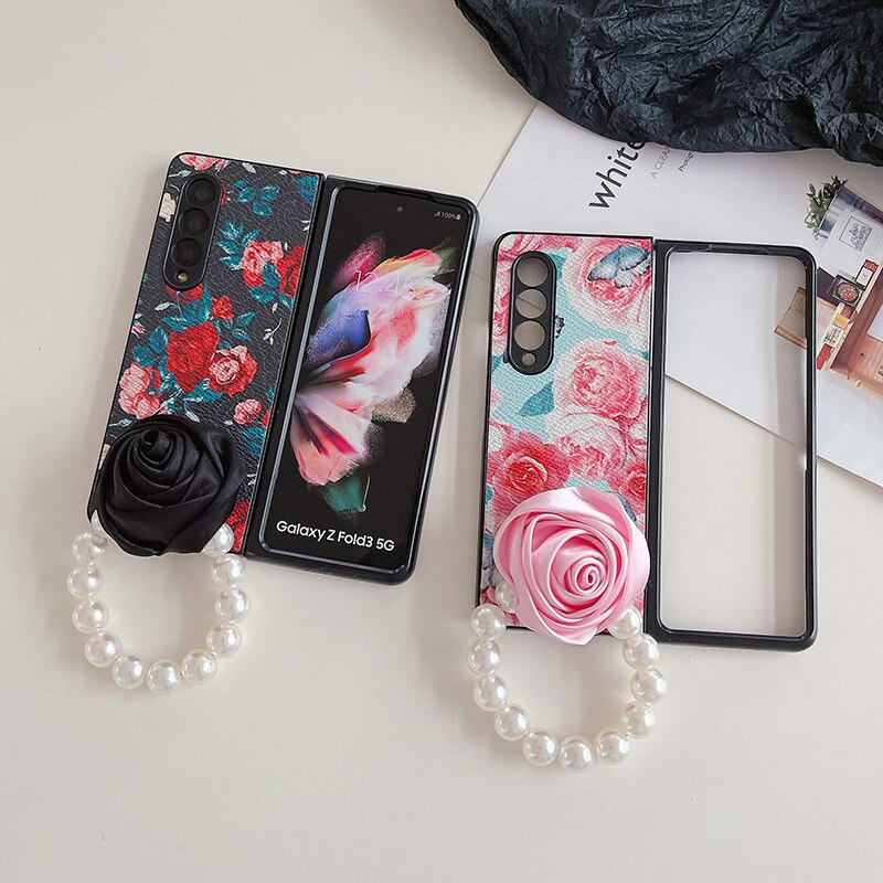Elegant Leather Rose case with Pearl Bracelet For Samsung Galaxy Z Fold 4
