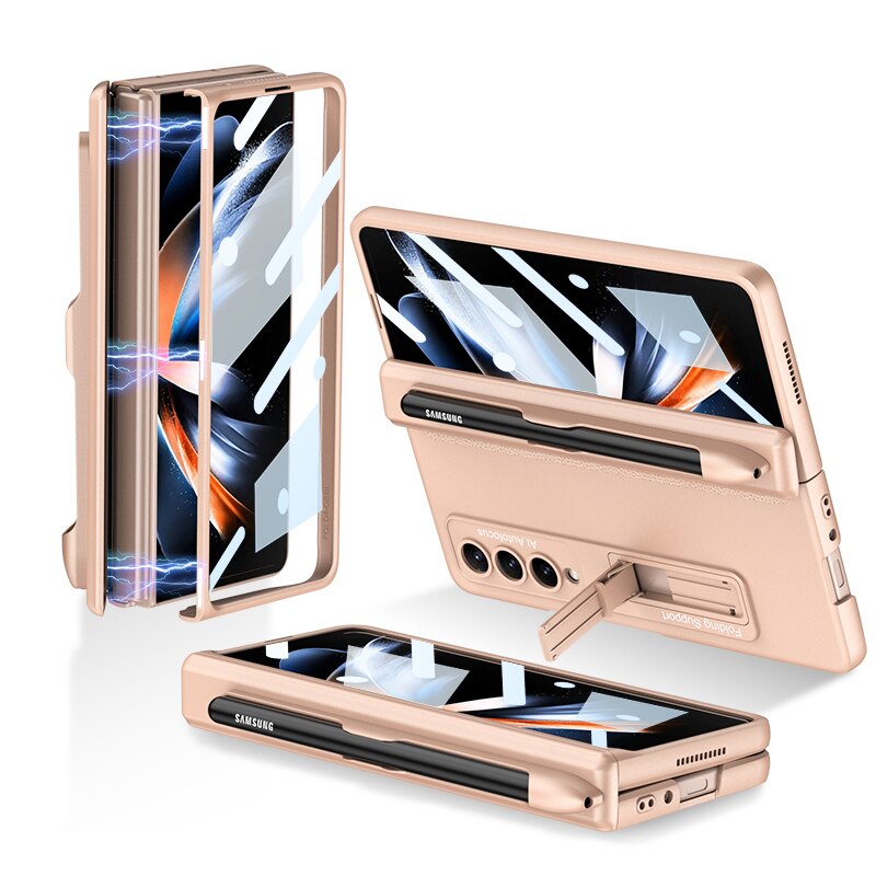Pen Slot Case for Samsung Galaxy Z Fold 4 with Kickstand and Screen Protective Glass