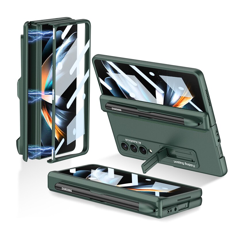 Pen Slot Case for Samsung Galaxy Z Fold 4 with Kickstand and Screen Protective Glass