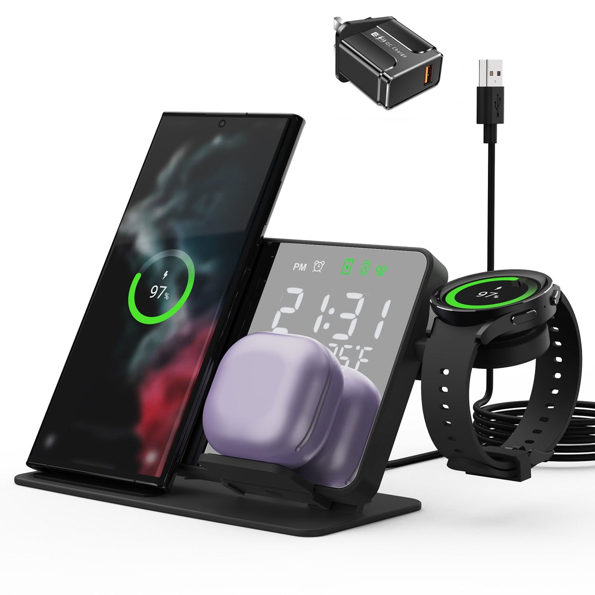 4 in 1 Wireless Charger for Samsung Galaxy S23 S22 Ultra Fast Charging Dock Station for Galaxy Watch 5 Pro Buds LED Alarm Clock