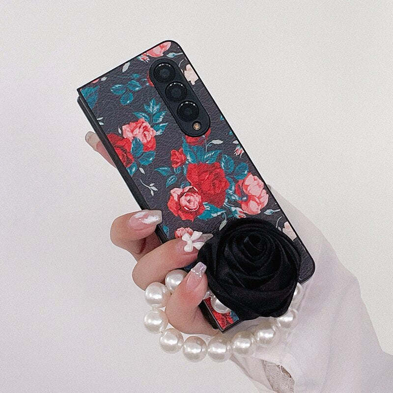 Elegant Leather Rose case with Pearl Bracelet For Samsung Galaxy Z Fold 4
