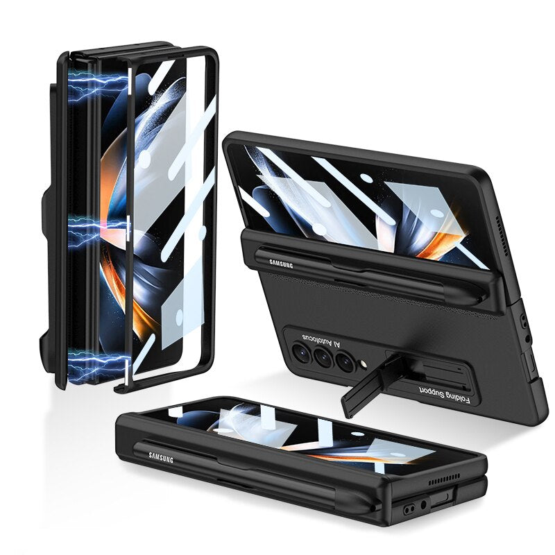 Pen Slot Case for Samsung Galaxy Z Fold 4 with Kickstand and Screen Protective Glass