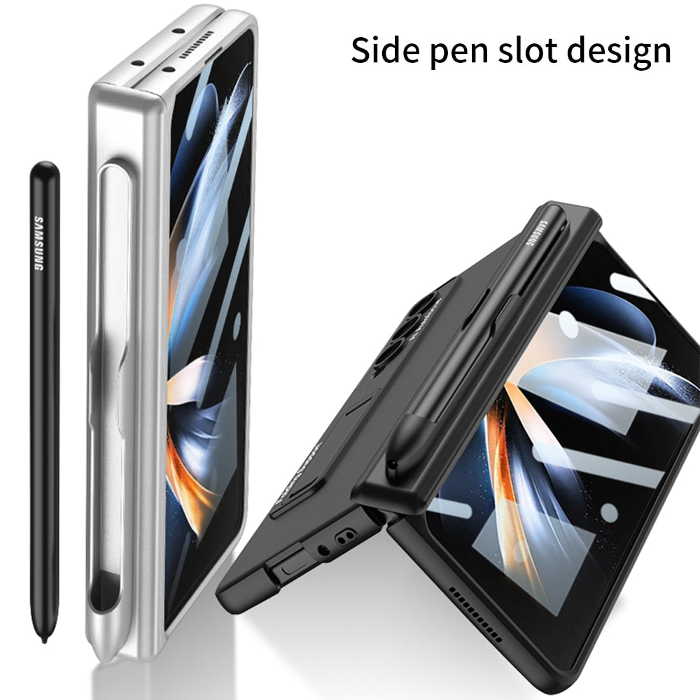 Pen Slot Case for Samsung Galaxy Z Fold 4 with Kickstand and Screen Protective Glass