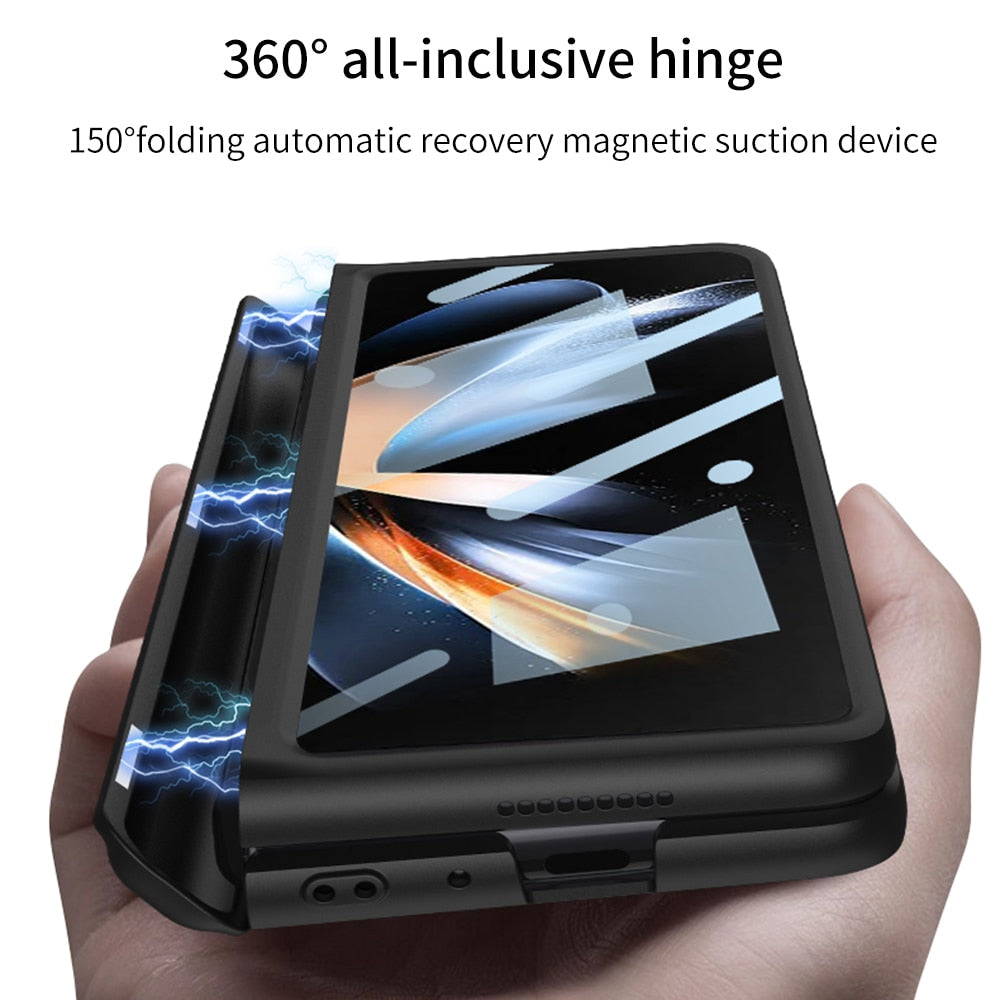 Pen Slot Case for Samsung Galaxy Z Fold 4 with Kickstand and Screen Protective Glass