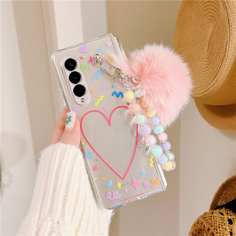Cute Love Hair Ball Bracelet Phone Cases For Samsung Galaxy Z Fold 4